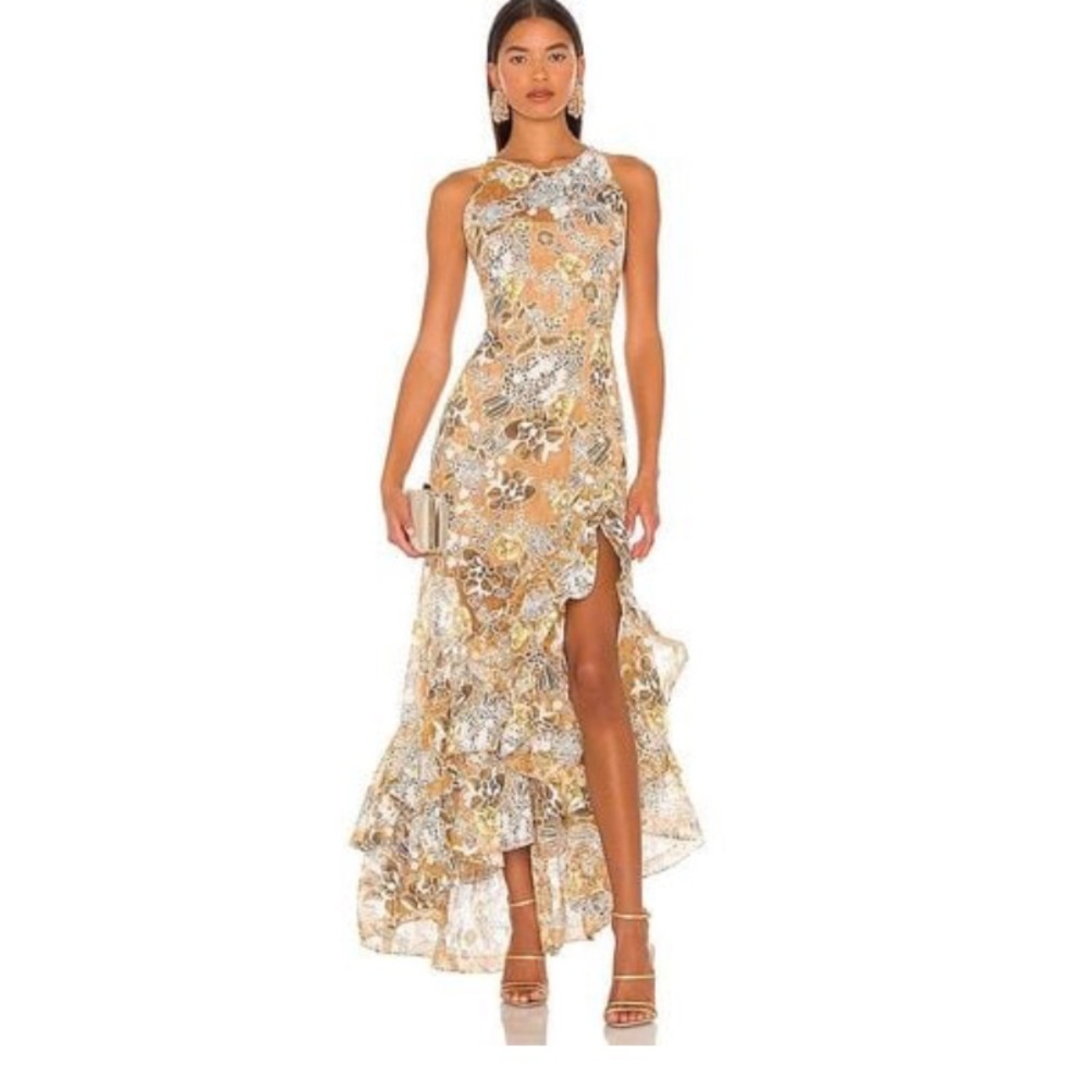 COPY - Bronx and Banco Brown and White Asymmetrical Ruffled Halter Gown